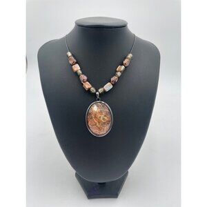Amber & Stone Beaded Necklace With Oval Pendant & Lobster Clasp